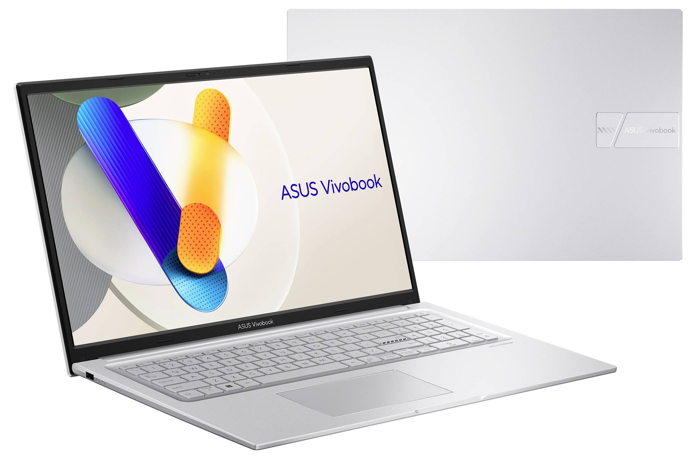 Un ordinateur portable ASUS Vivobook argenté, ouvert avec un design abstrait coloré à l'écran et le texte « ASUS Vivobook » ; sa coque arrière est visible à côté.
