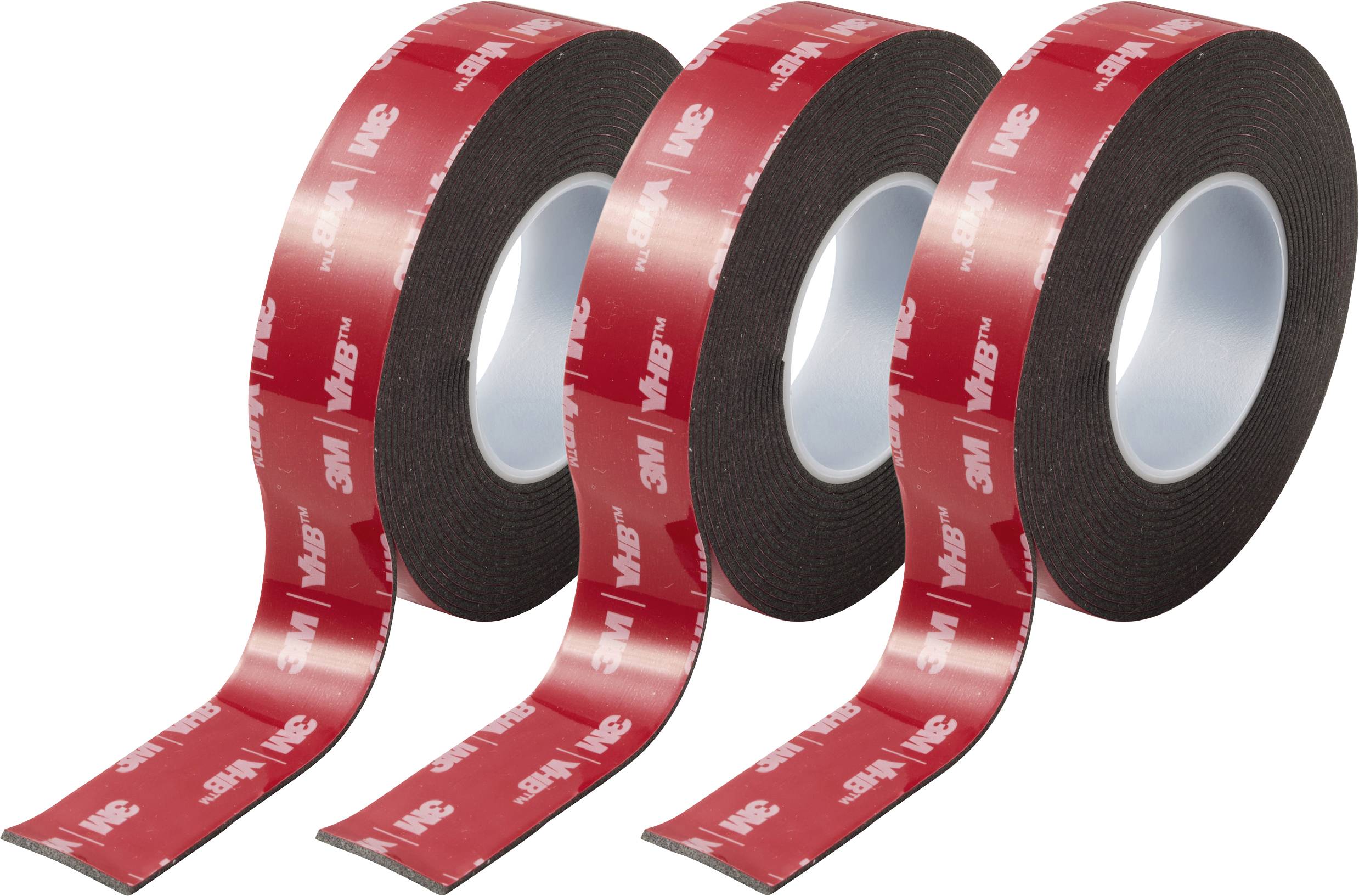 Trois rouleaux de ruban adhésif en mousse double face noir avec support rouge, étiquetés avec « 3M » en texte blanc.