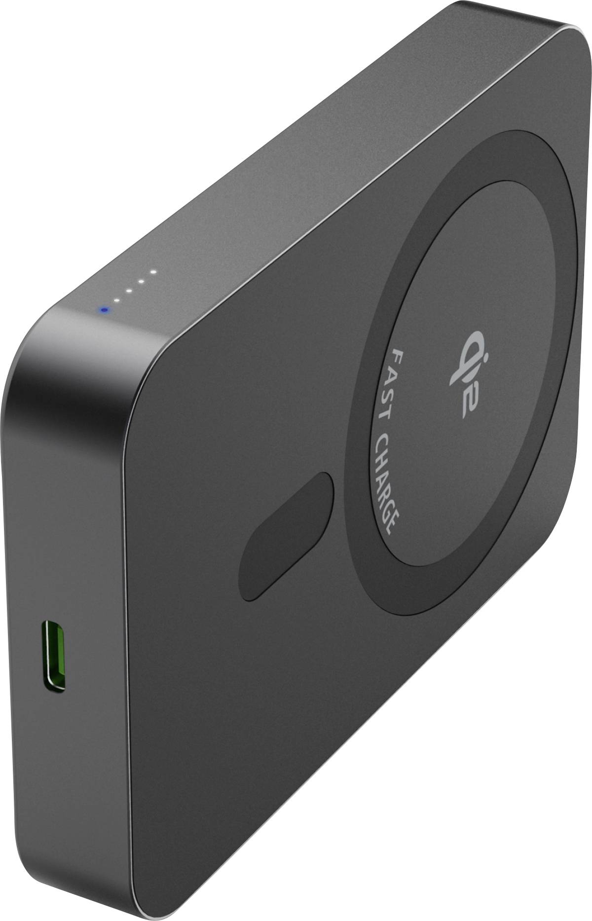 Un chargeur sans fil portable noir avec un symbole 'qi', une étiquette de charge rapide, des indicateurs LED et un port USB-C sur le côté.