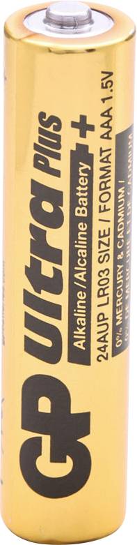Une pile alcaline AAA jaune avec du texte noir « Ultra Plus » et « 1,5V » sur le côté.
