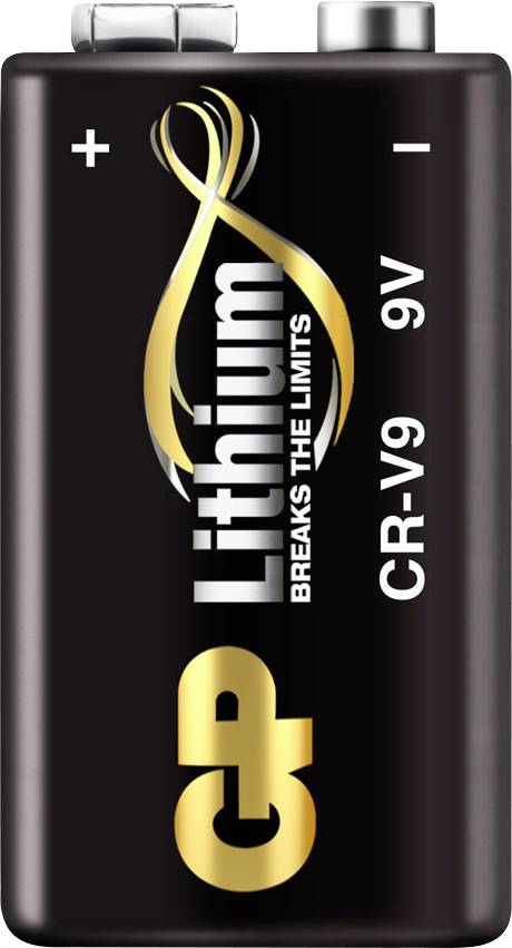 Une pile lithium 9V noire avec du texte en or et blanc « CP Lithium Breaks the Limits », présentant les bornes positive et négative sur le dessus.