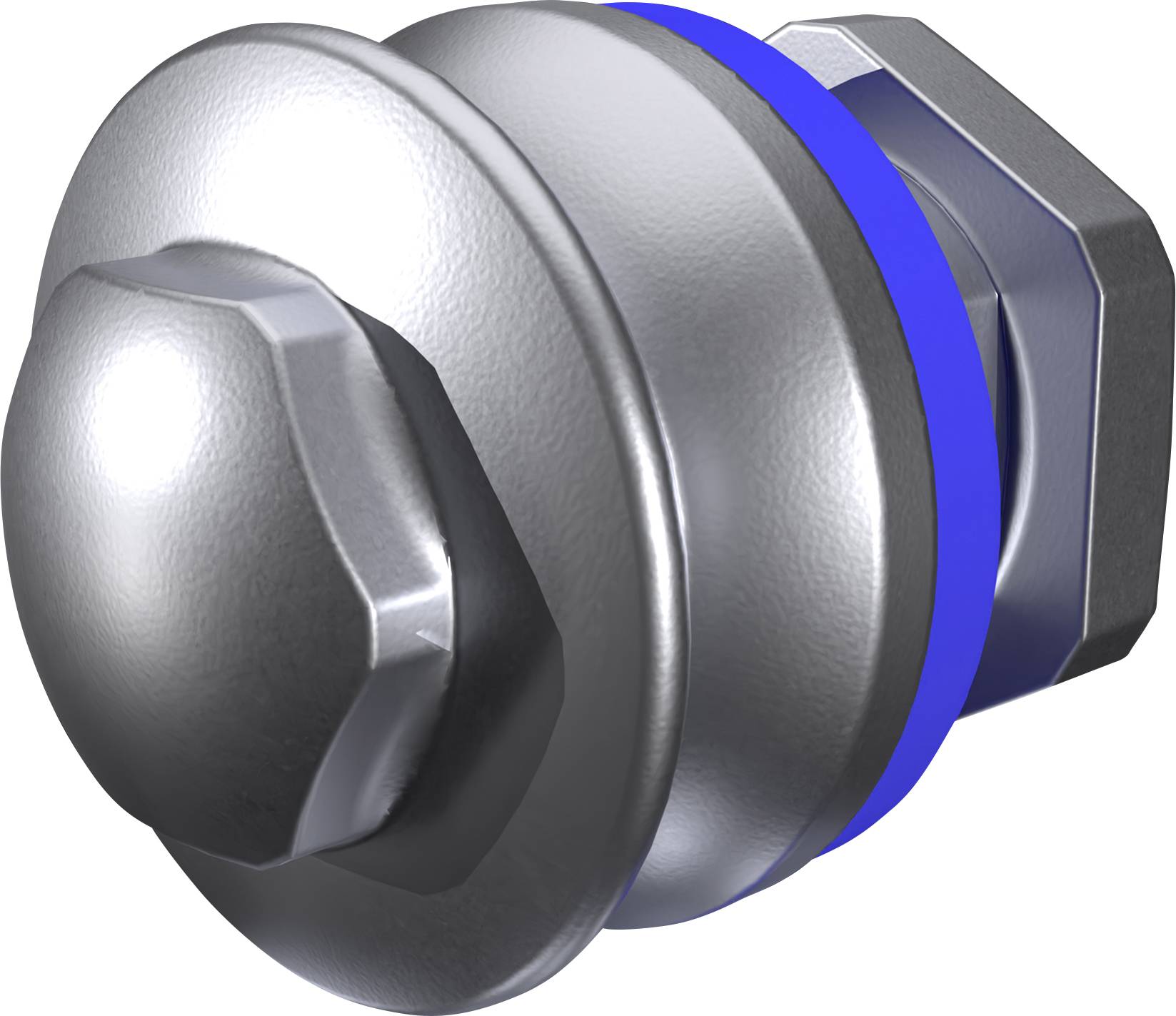 Un fixateur métallique avec une tête hexagonale et un boulon, présentant une rondelle bleue au milieu.
