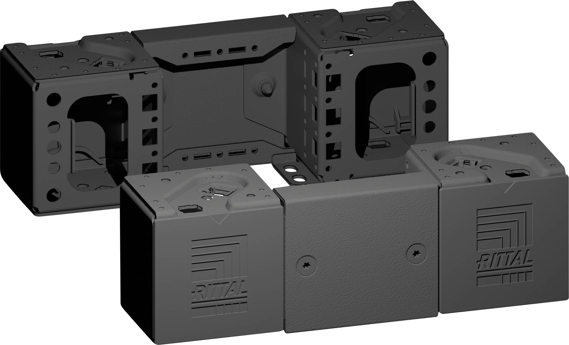 Trois boîtiers modulaires noirs connectés en forme de L avec un logo 'Rittal' sur les deux unités inférieures, conçus pour les composants électriques.