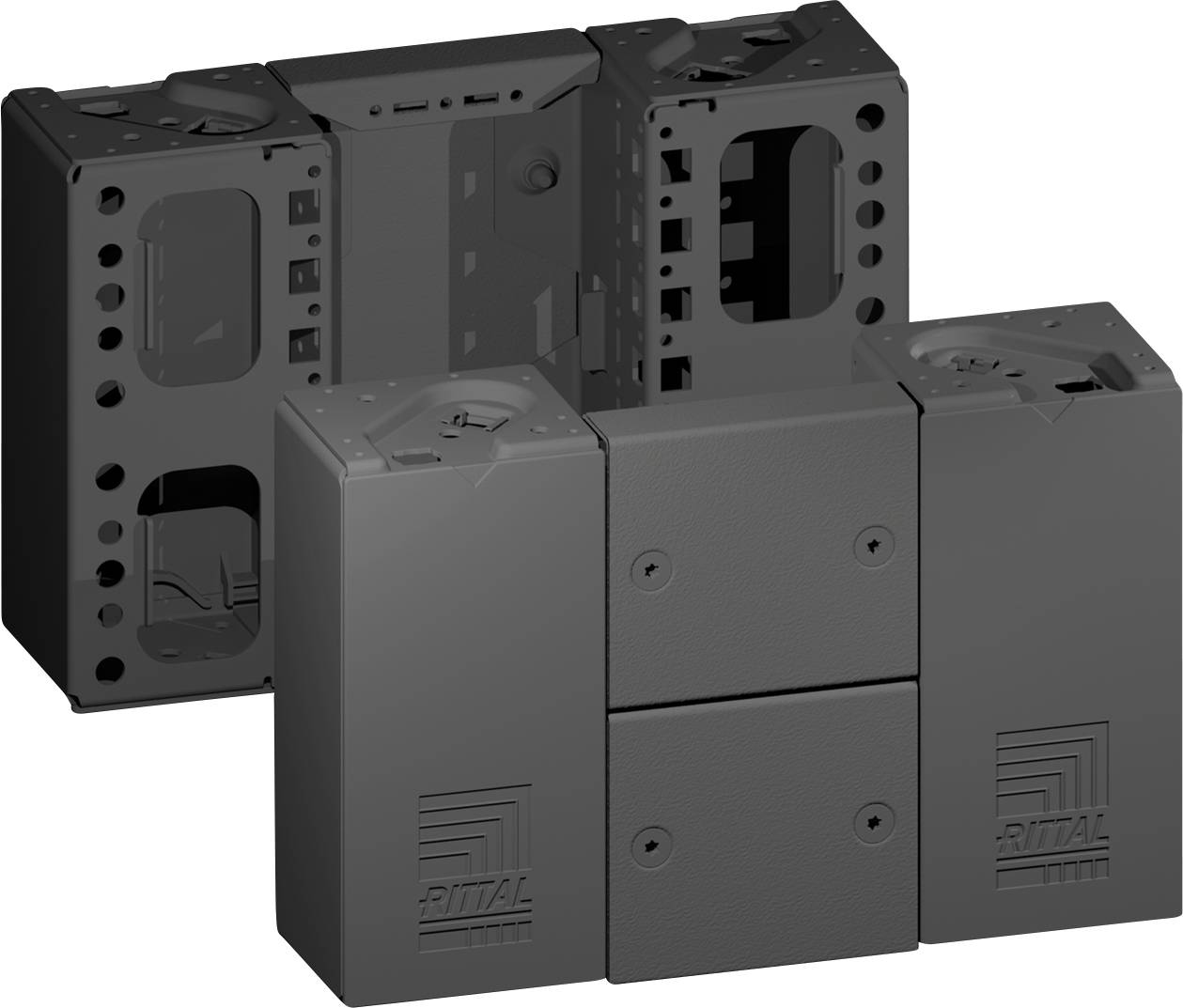 Composants de boîtier modulaire industriel, en métal gris, étiquetés 'Rittal'. Unités configurables pour loger du matériel électrique ou informatique.