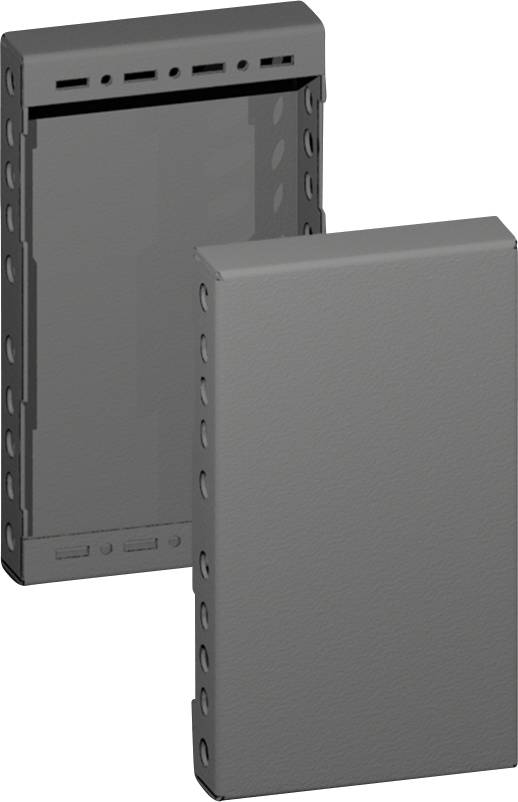 Deux enceintes rectangulaires en métal gris avec des côtés perforés, disposées verticalement. L'enceinte avant est légèrement devant l'autre.