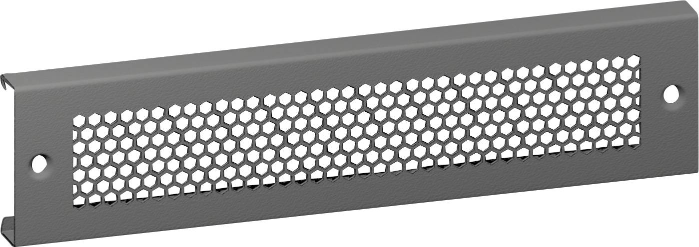 Une grille de ventilation en métal gris avec des perforations en nid d'abeille, conçue pour la circulation de l'air et la dissipation de la chaleur dans les équipements électroniques ou les boîtiers.