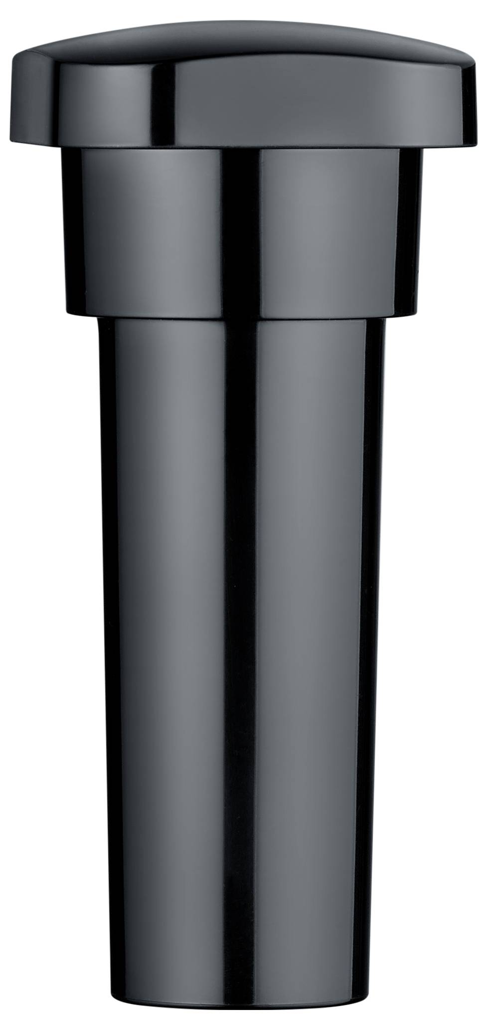 Un objet cylindrique élégant, noir, ressemblant à un élément architectural moderne ou à un accessoire, doté d'un sommet arrondi et d'une finition lisse.