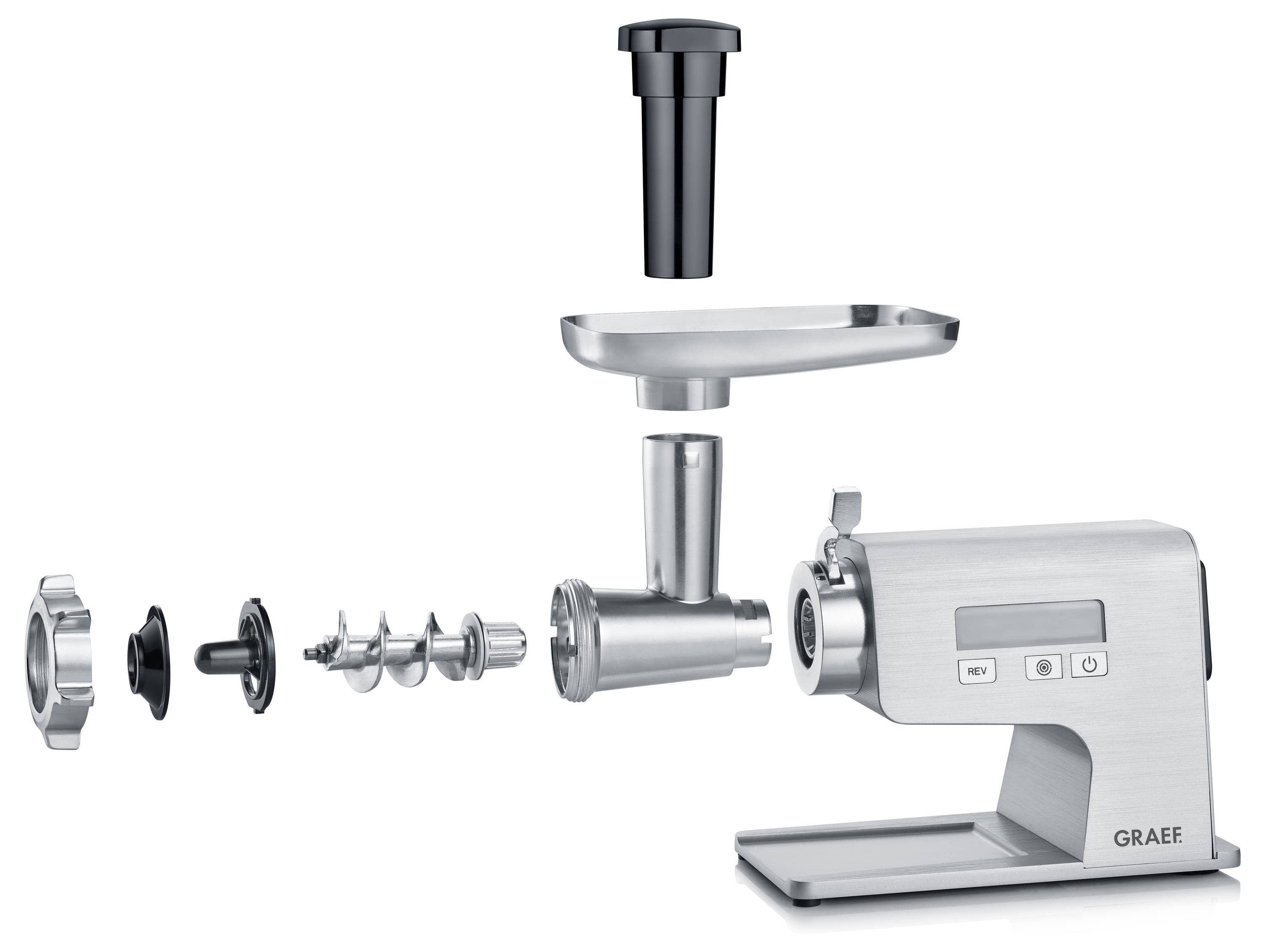 Vue éclatée d'un hachoir à viande électrique en métal avec des pièces comprenant un bloc moteur, une vis sans fin, des lames de coupe et un poussoir à viande.
