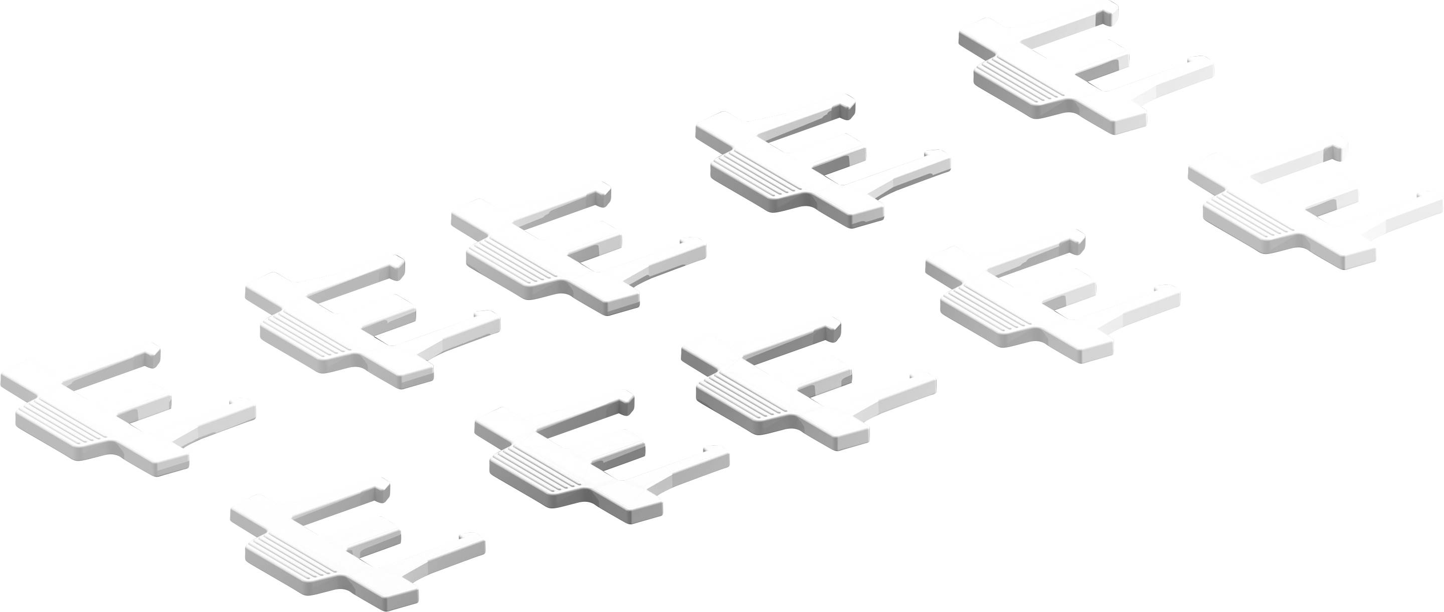 Un arrangement linéaire de sept modèles 3D ressemblant à des plans abstraits simplifiés, projetant des ombres légères, se répétant en deux rangées.