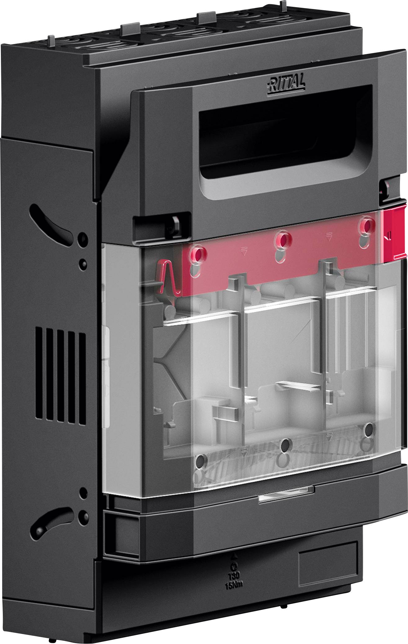 Boîtier électrique 'Rittal' présentant un design compact, un panneau avant partiellement transparent, et des composants internes visibles.