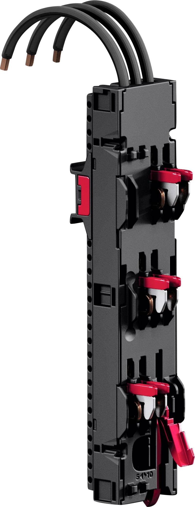 Un composant électrique noir avec trois fils de cuivre et des leviers rouges, conçu pour la protection ou la distribution de circuit.