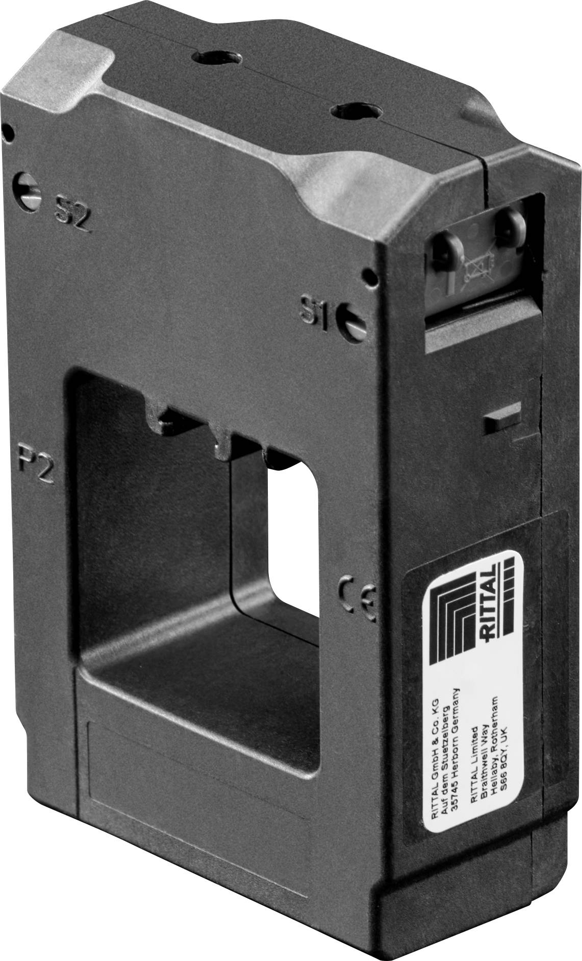 Un transformateur de courant Rittal noir avec des points de connexion étiquetés S1, S2, P1 et P2.