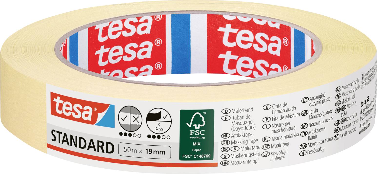 Un rouleau de ruban de masquage Tesa étiqueté « Standard », mesurant 50m x 19mm, avec diverses icônes pour les caractéristiques du produit et les instructions.