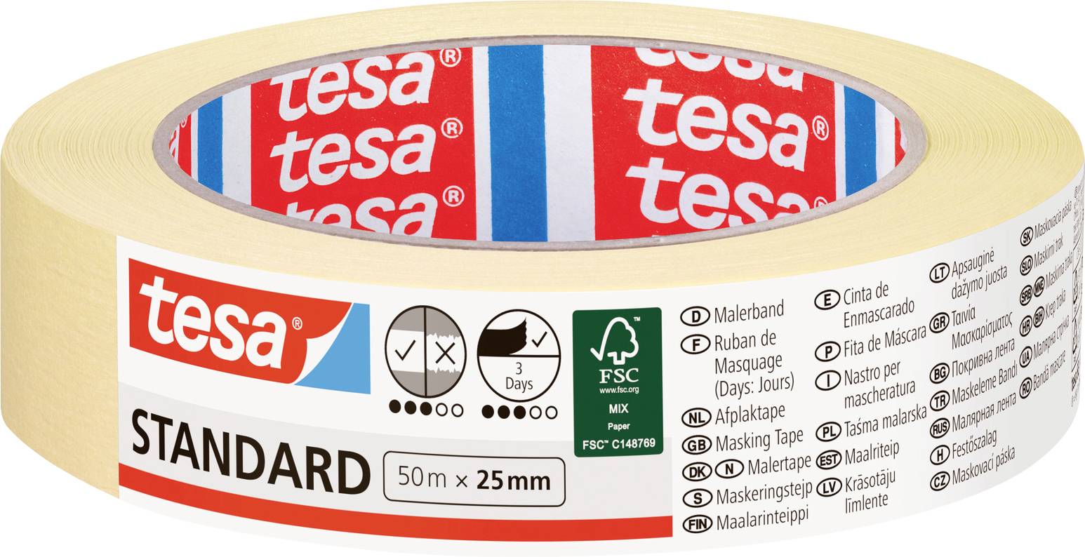 Rouleau de ruban masquant standard avec ruban beige et marquage rouge « tesa ». Longueur : 50m, Largeur : 25mm. Convient à diverses surfaces.