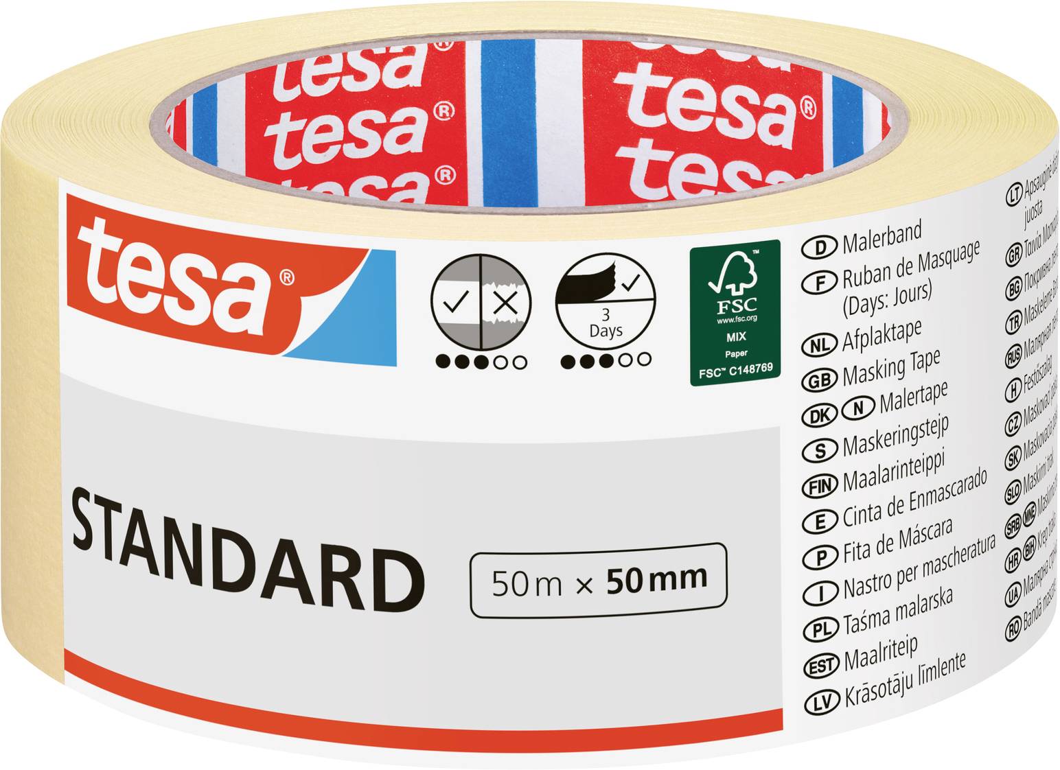 Rouleau de ruban de masquage étiqueté « tesa STANDARD », 50m x 50mm.