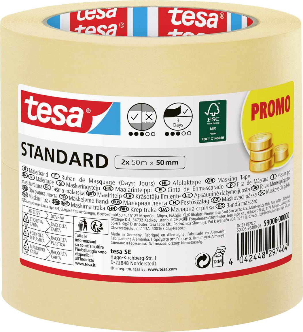 Emballage de ruban adhésif de masquage 'Tesa Standard', contenant trois rouleaux de ruban. Le texte met en évidence les dimensions du produit : '2x 50m x 50mm'.