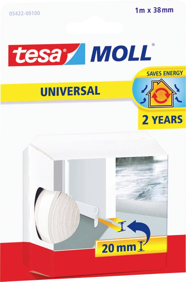 Paquet de joint de porte « tesa Moll Universal », 1m x 38mm, économise l'énergie pendant 2 ans, avec un diagramme montrant une couverture d'espace de 20mm.