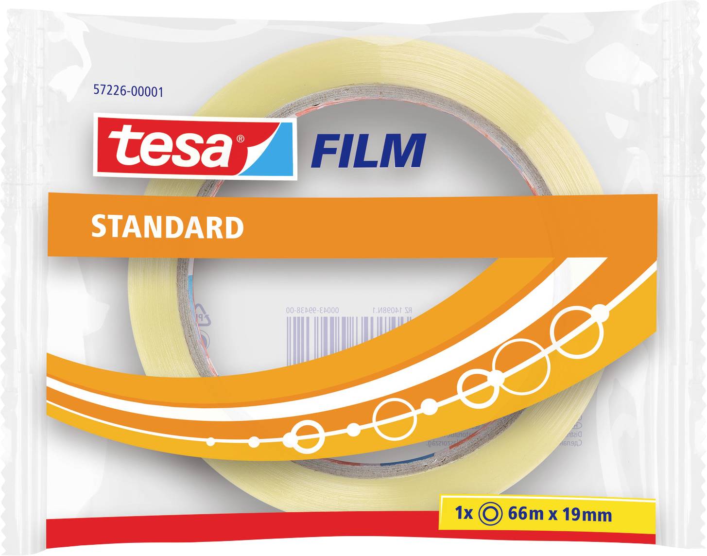 Emballage du ruban 'tesa FILM STANDARD', montrant un rouleau à l'intérieur. L'étiquette indique 1 rouleau, 66 mètres de long, 19 mm de large.