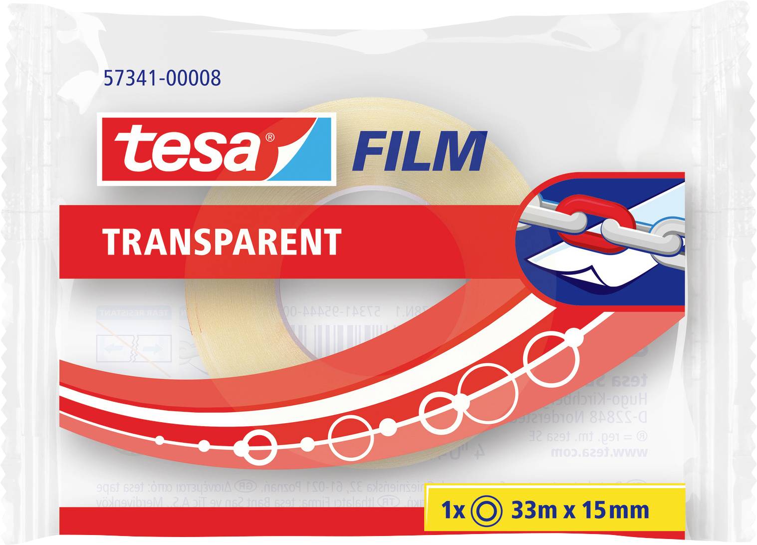 Emballage « tesa FILM Transparent » avec un rouleau de ruban adhésif transparent, 33m x 15mm, représenté sur un design avec des accents rouges, blancs et bleus.