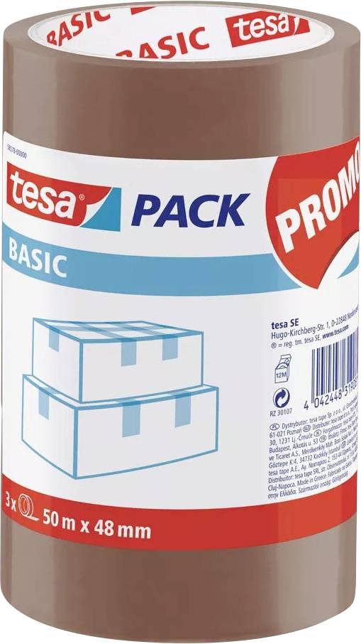 Rolle mit braunem Packband mit der Aufschrift „tesa BASIC PACK
