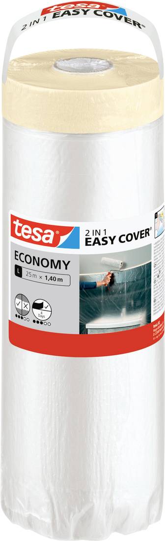 Rouleau de plastique « Tesa 2 in 1 Easy Cover Economy » pour la protection lors de la peinture, 25m x 1,8m, équipé d'une poignée pour un transport facile.