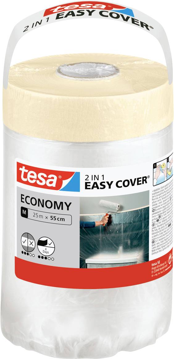 « Rouleau de ruban adhésif de masquage et film de protection tesa 2 en 1 Easy Cover Economy, 25m x 55cm. Adapté aux travaux de peinture et à la protection. »