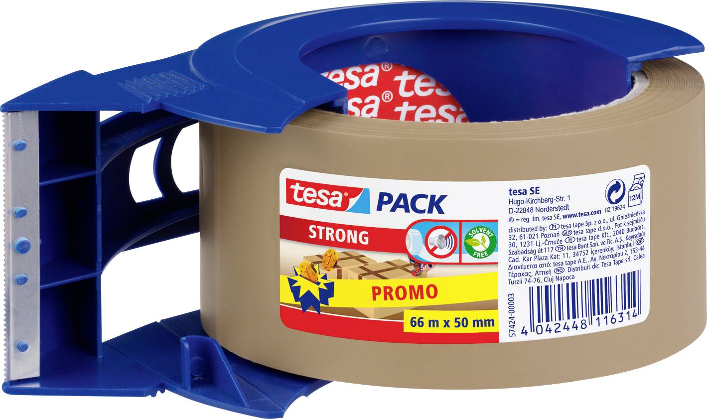 Rouleau brun de ruban adhésif d'emballage Tesa Strong avec un distributeur bleu, étiqueté « PROMO », 66m x 50mm.