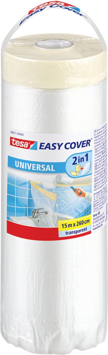 Rouleau de « tesa Easy Cover Universal 2 en 1 », 15m x 260cm, pour les projets de peinture. Feuille transparente avec bord de ruban de masquage, présenté en emballage.