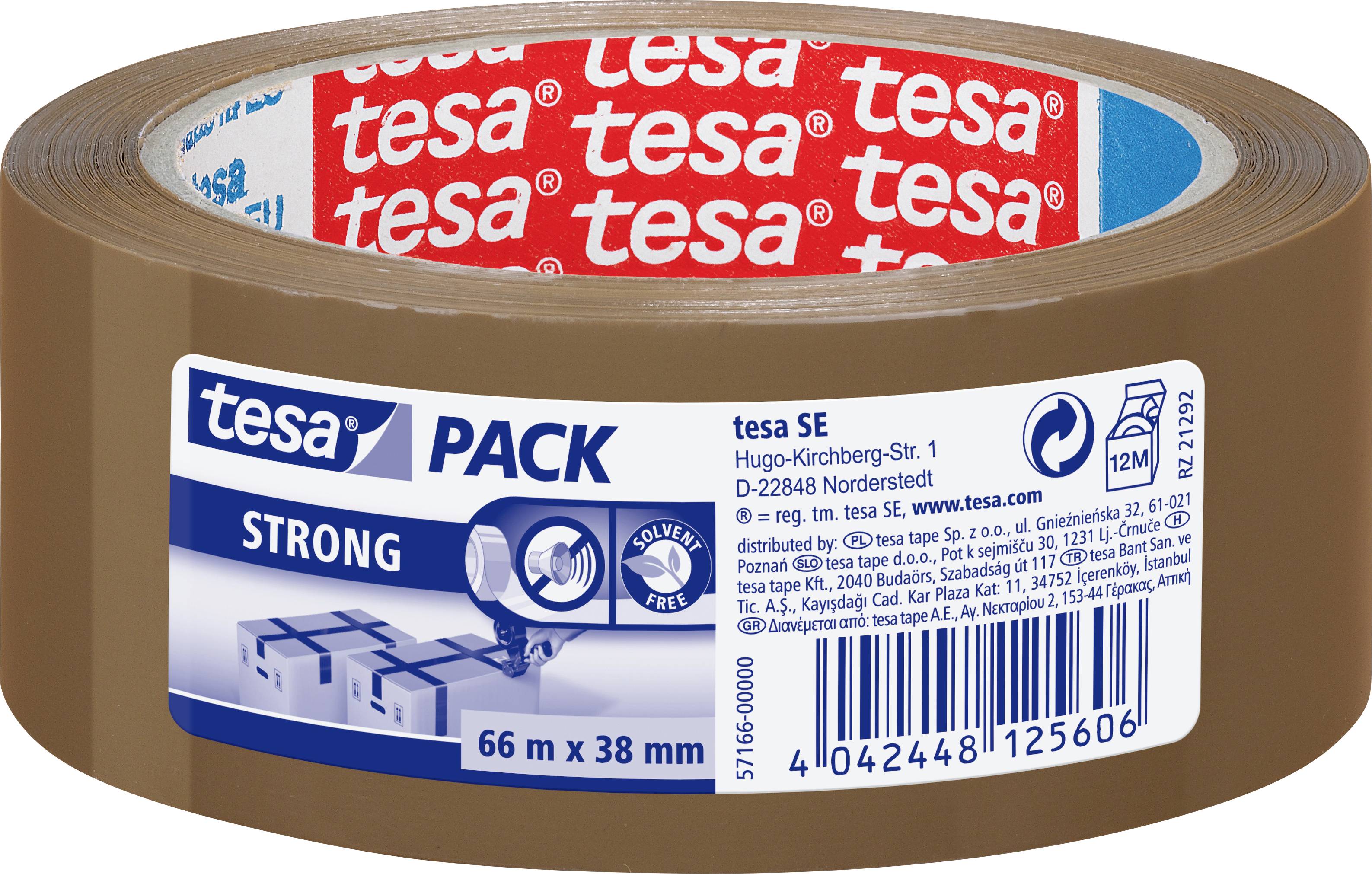 « Rouleau de ruban adhésif Tesa Pack Strong, 66m x 38mm, avec extérieur brun et intérieur marqué. Convient pour le scellage de cartons. »