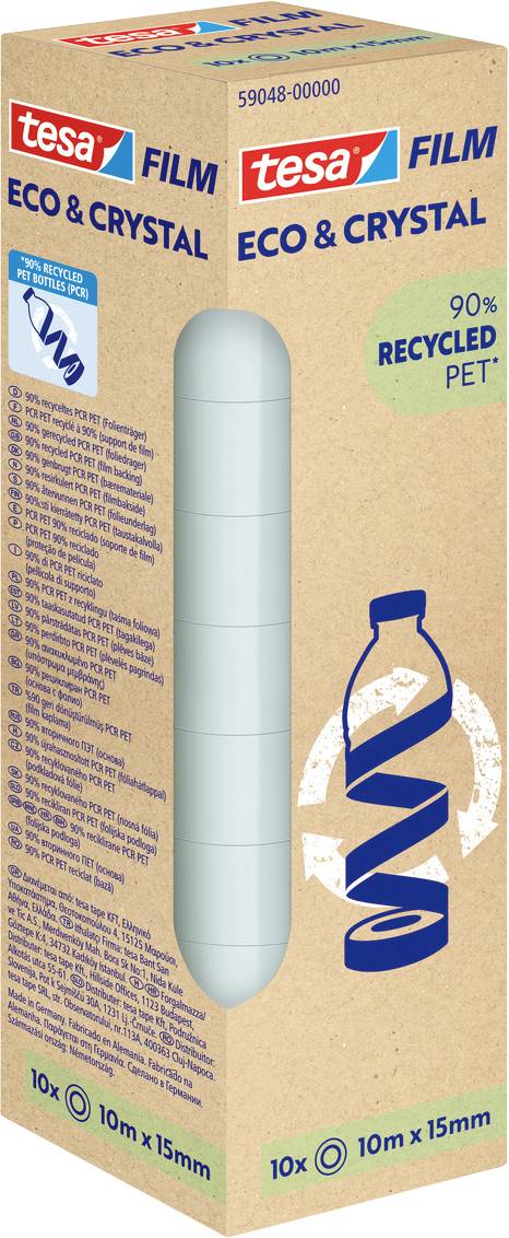 Un emballage en carton pour le ruban adhésif « tesa Film Eco & Crystal », indiquant « 90 % PET recyclé » avec une image d'une bouteille et un symbole de recyclage.