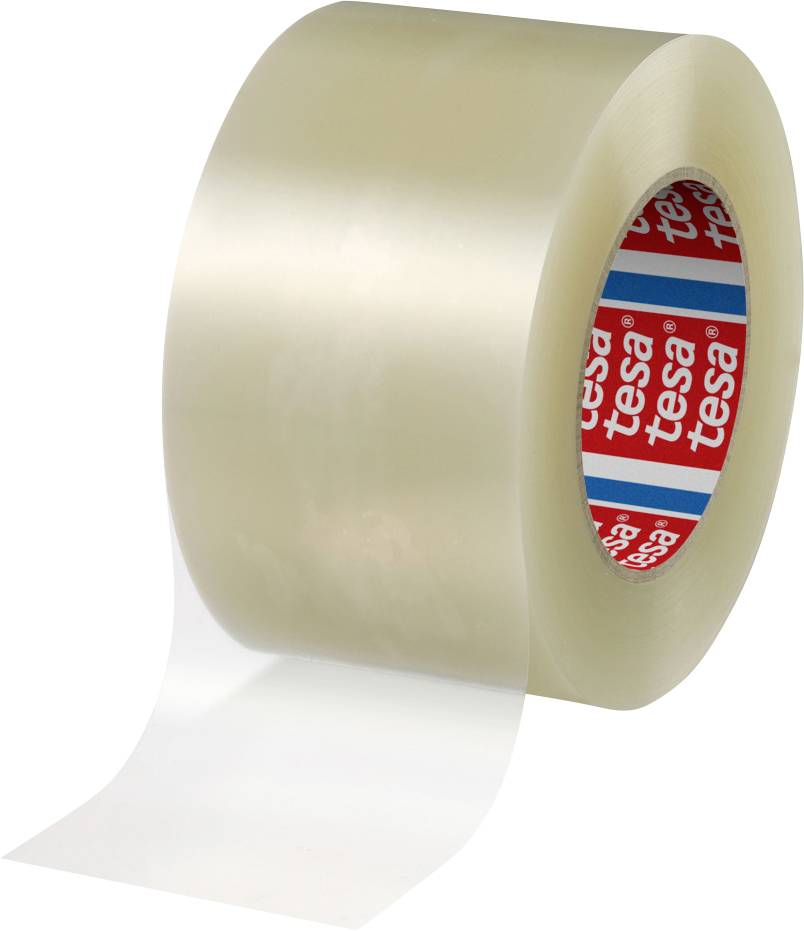 Rouleau de ruban adhésif d'emballage transparent, partiellement déroulé, sur un fond blanc. Le noyau intérieur est marqué de logos « tesa » rouges et bleus.