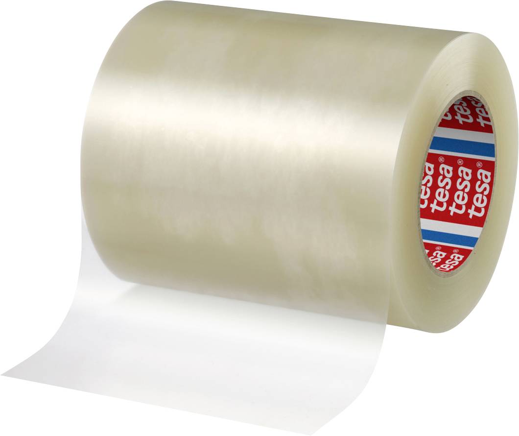 A roll of clear adhesive tape with visible branding on the inner core, indicating it is from the brand 'tesa'.