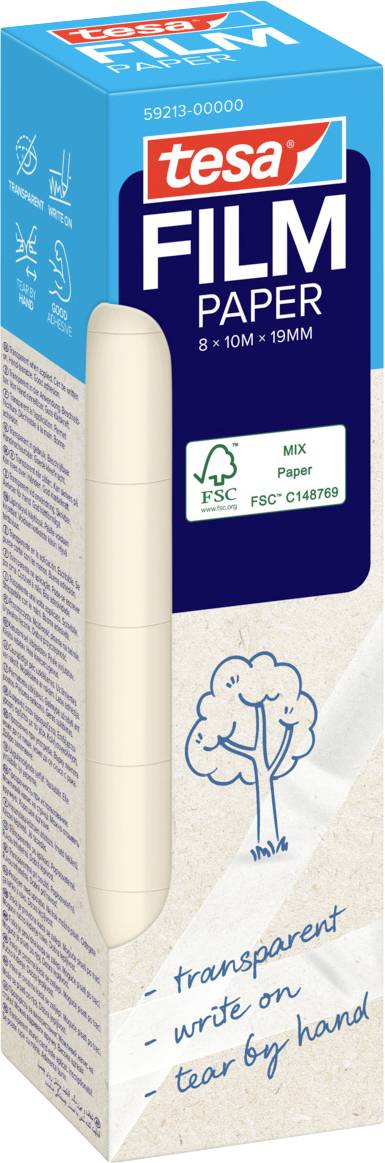 Emballage du Papier Film Tesa, mettant l'accent sur le 'Mix Paper' écologique (certifié FSC) avec les caractéristiques : transparent, inscriptible, déchirable à la main.