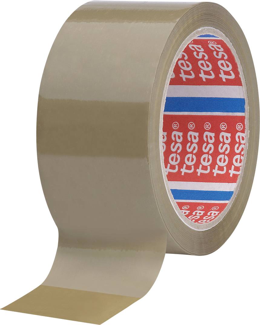 Rouleau de « ruban d'emballage marron » légèrement déroulé, montrant le logo de la marque « tesa » sur l'étiquette intérieure rouge et bleue.