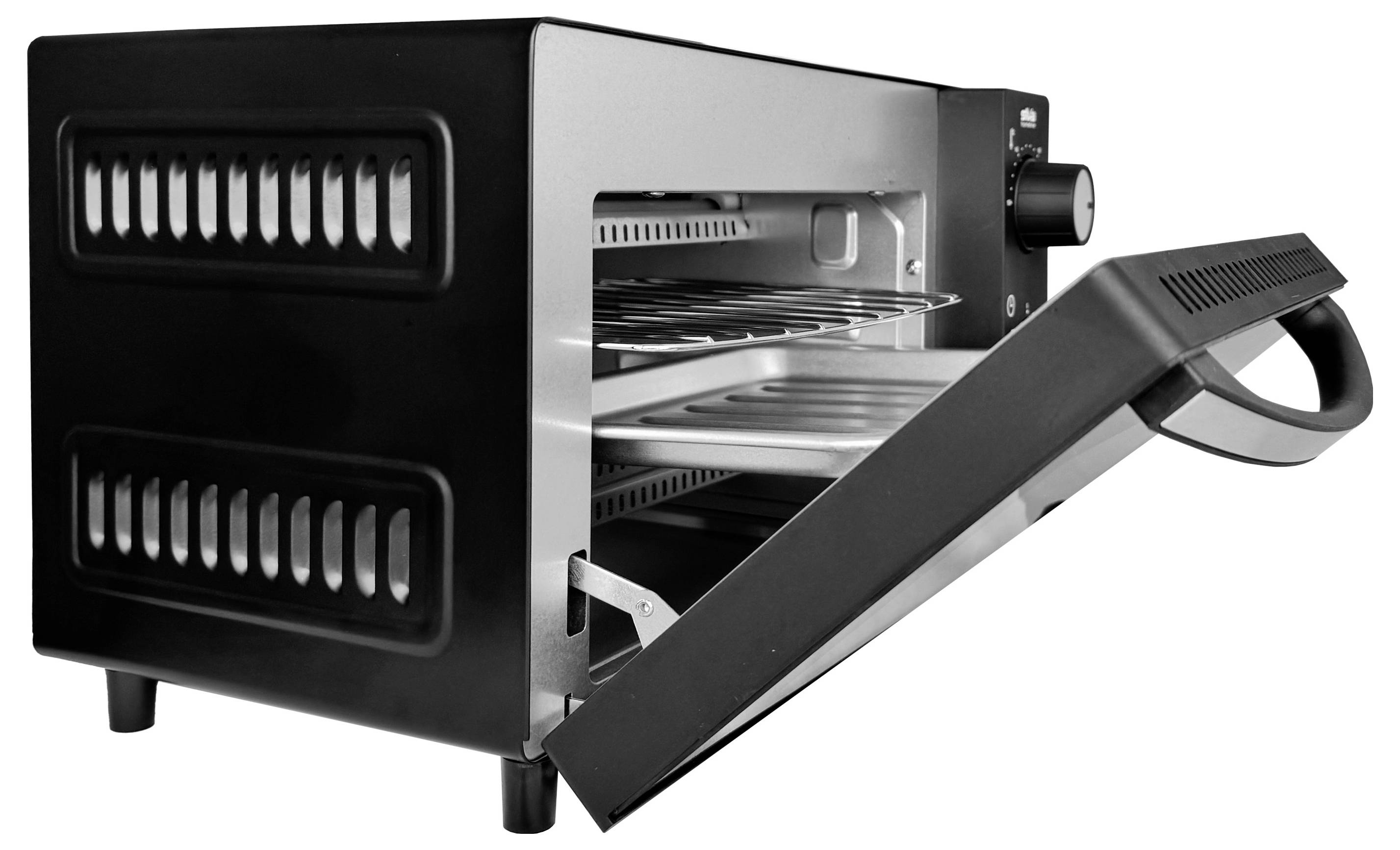 Un grille-pain four avec un design noir et argent dont la porte est ouverte, révélant la grille intérieure. Le bouton de contrôle est visible sur le côté droit.