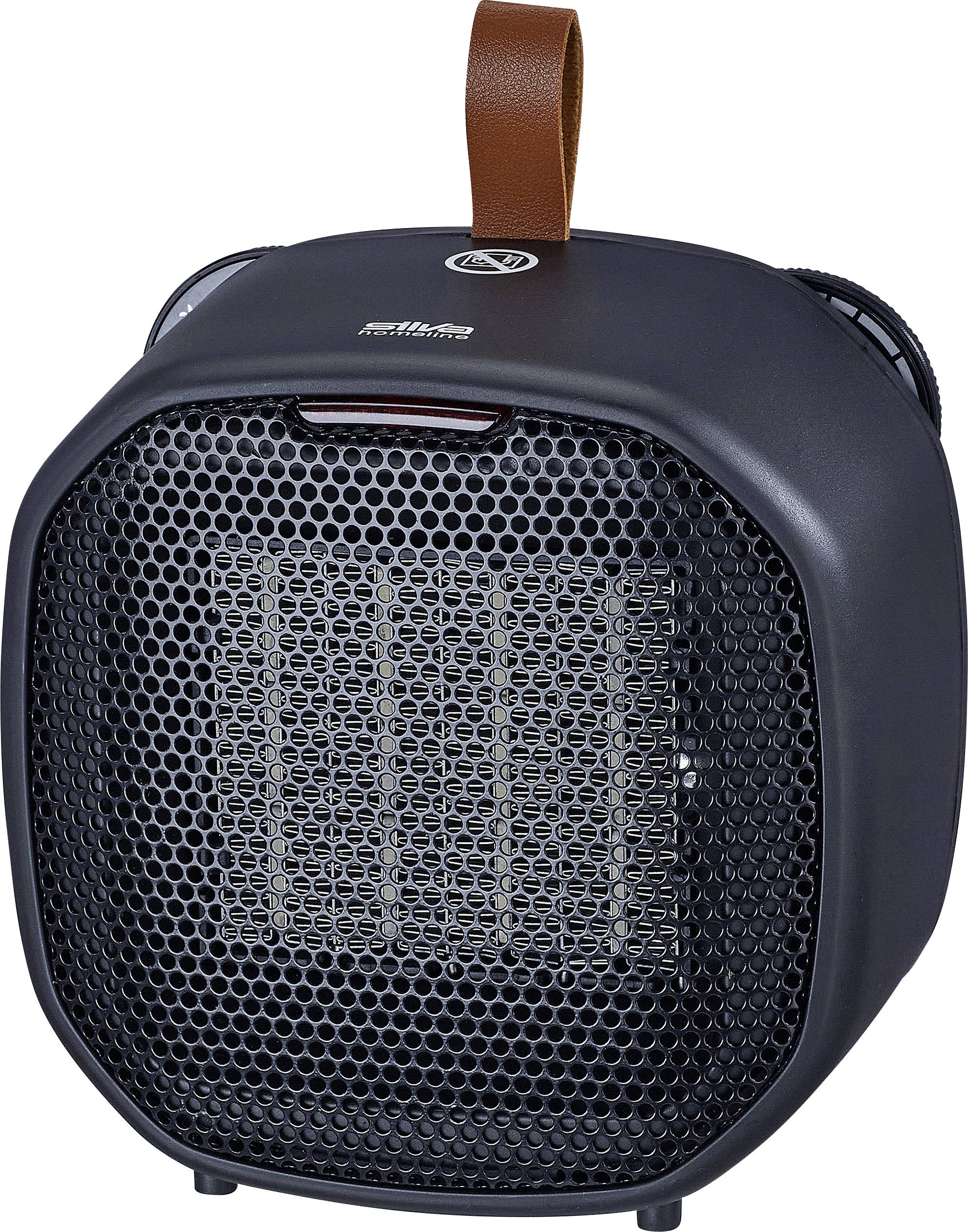 Un radiateur d'appoint portable noir avec un devant en maille, un design compact et une poignée en cuir marron est présenté de face.