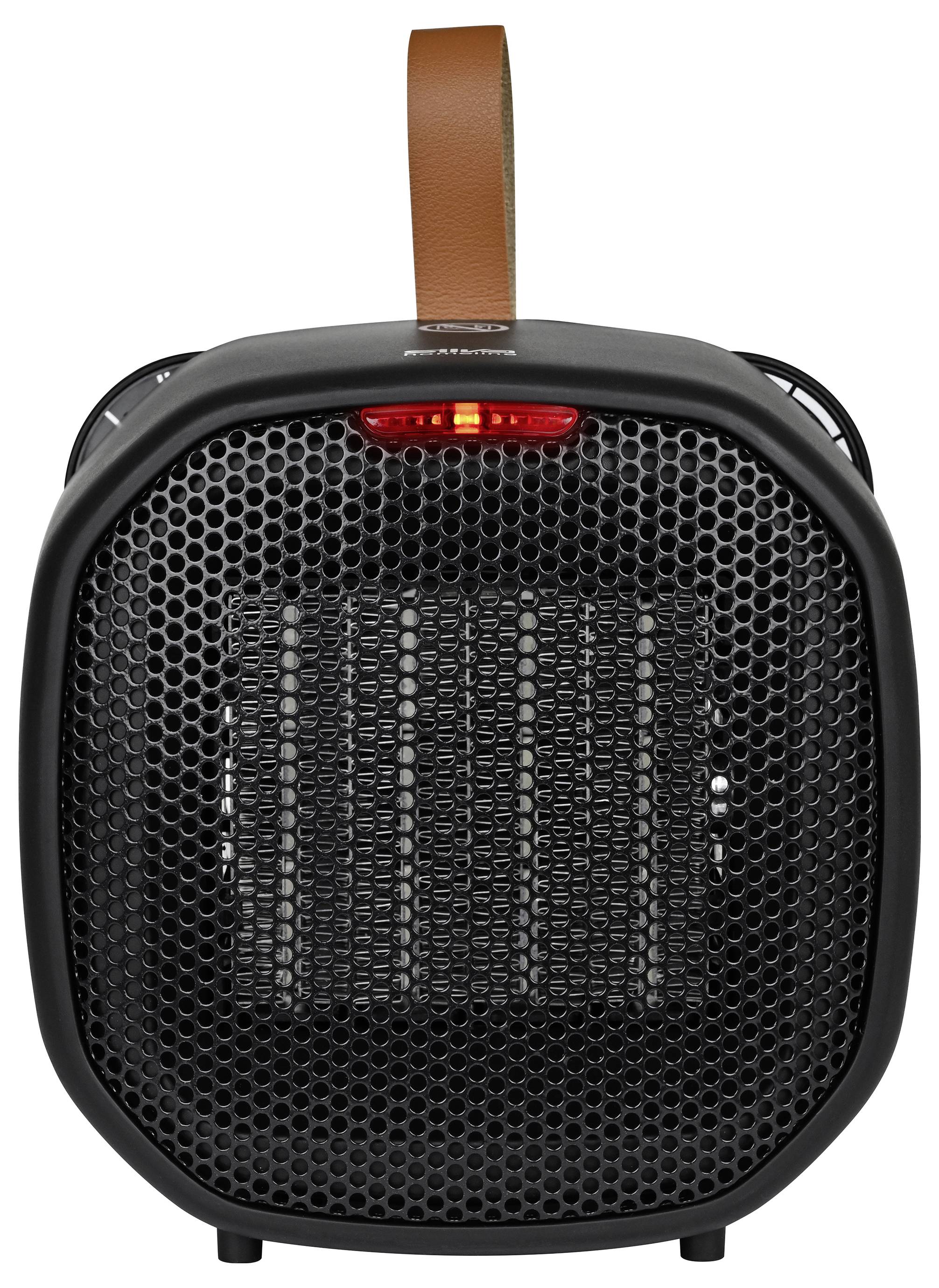 Un petit radiateur portable noir avec une grille de sécurité, une poignée de transport en cuir et un voyant lumineux d'alimentation, conçu pour une utilisation en intérieur.