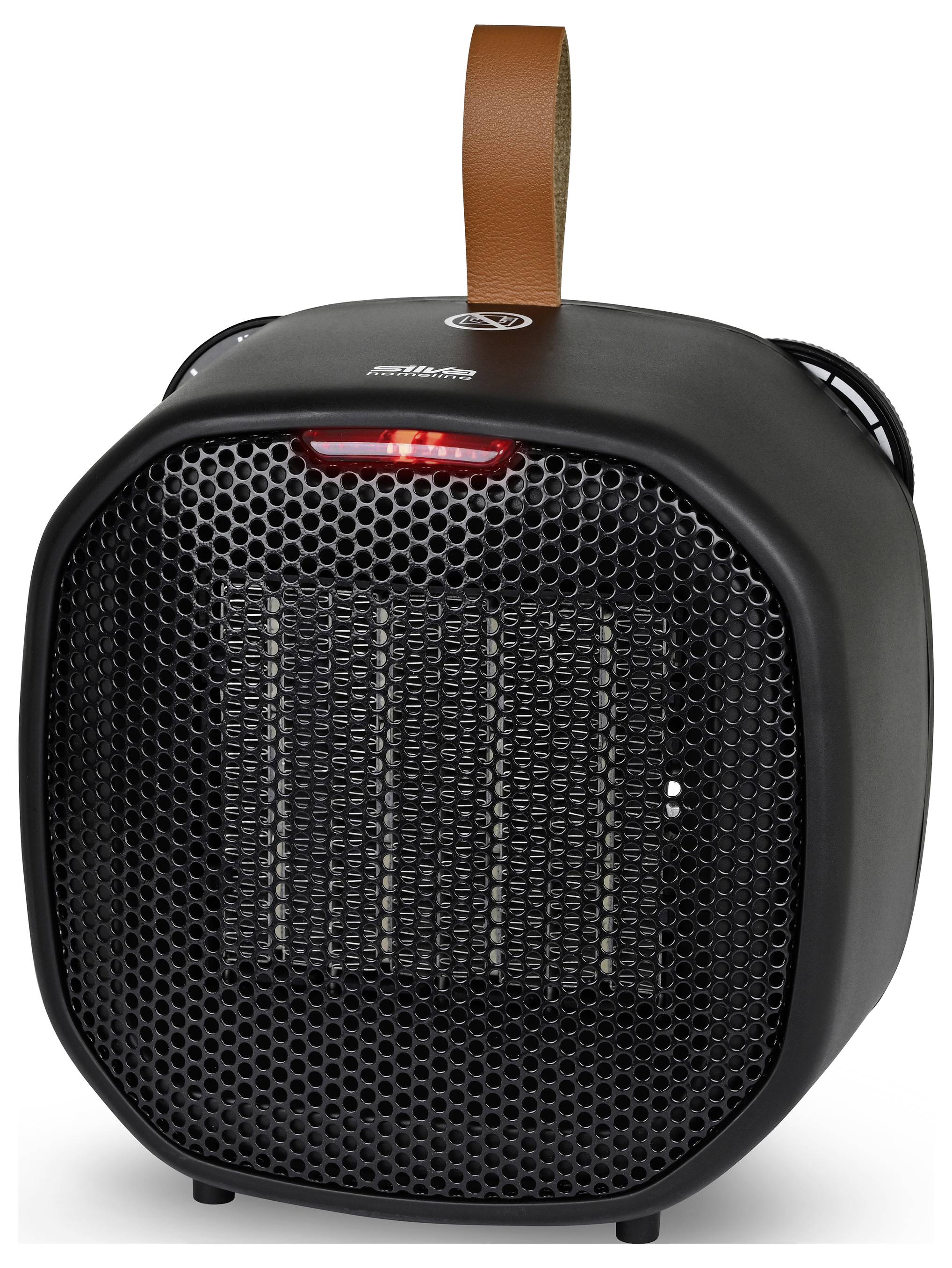 « Un petit chauffage électrique d'appoint noir, portable, avec une façade en maille métallique, un voyant rouge et une poignée en cuir marron sur le dessus. »