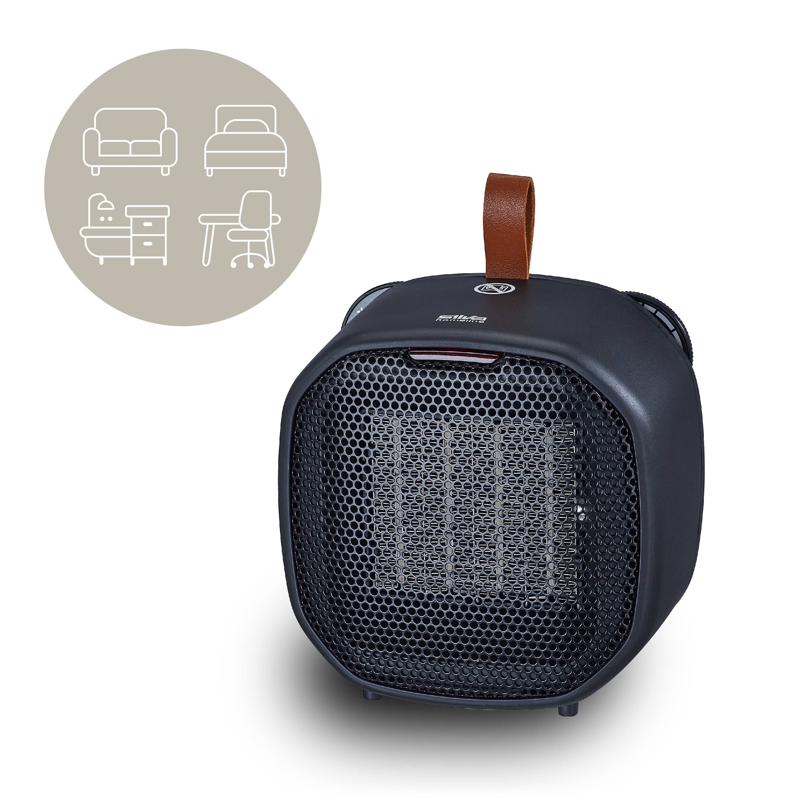 Un chauffage d'appoint portable noir avec une poignée, adapté à une utilisation dans une chambre, un salon ou un bureau. Une icône circulaire montre les types de pièces au-dessus de l'appareil.