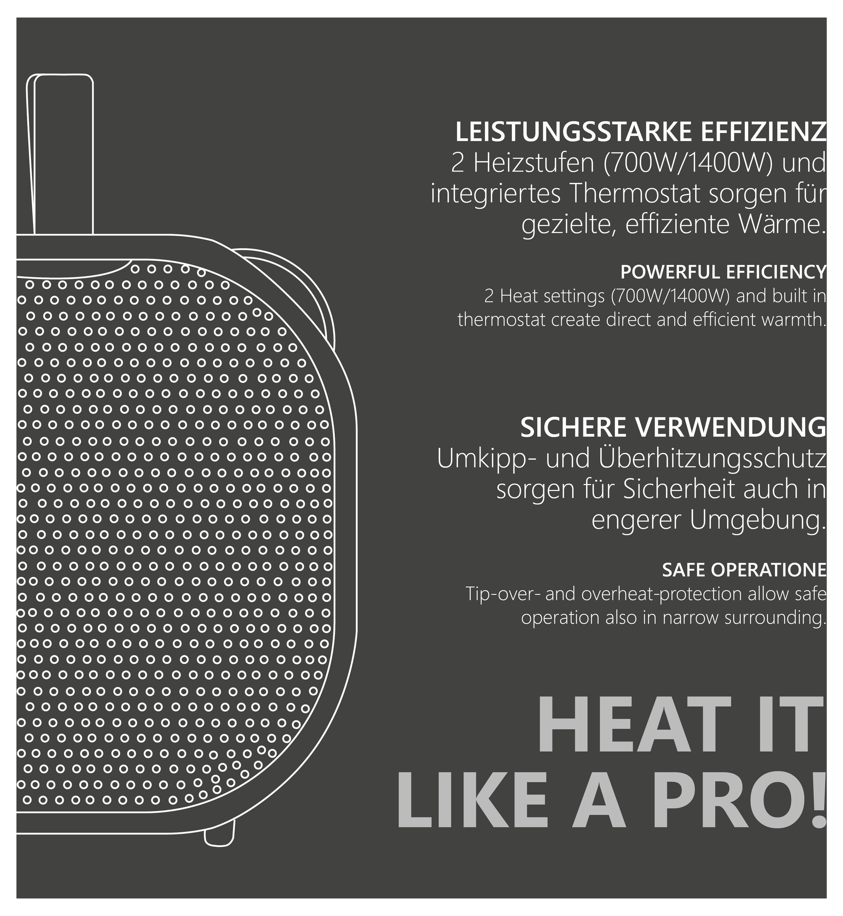 Efficacité puissante : 2 réglages de chaleur (700W/1400W) avec thermostat pour une chaleur efficace. Sécurité garantie : protection contre le renversement et la surchauffe. Chauffez comme un professionnel !