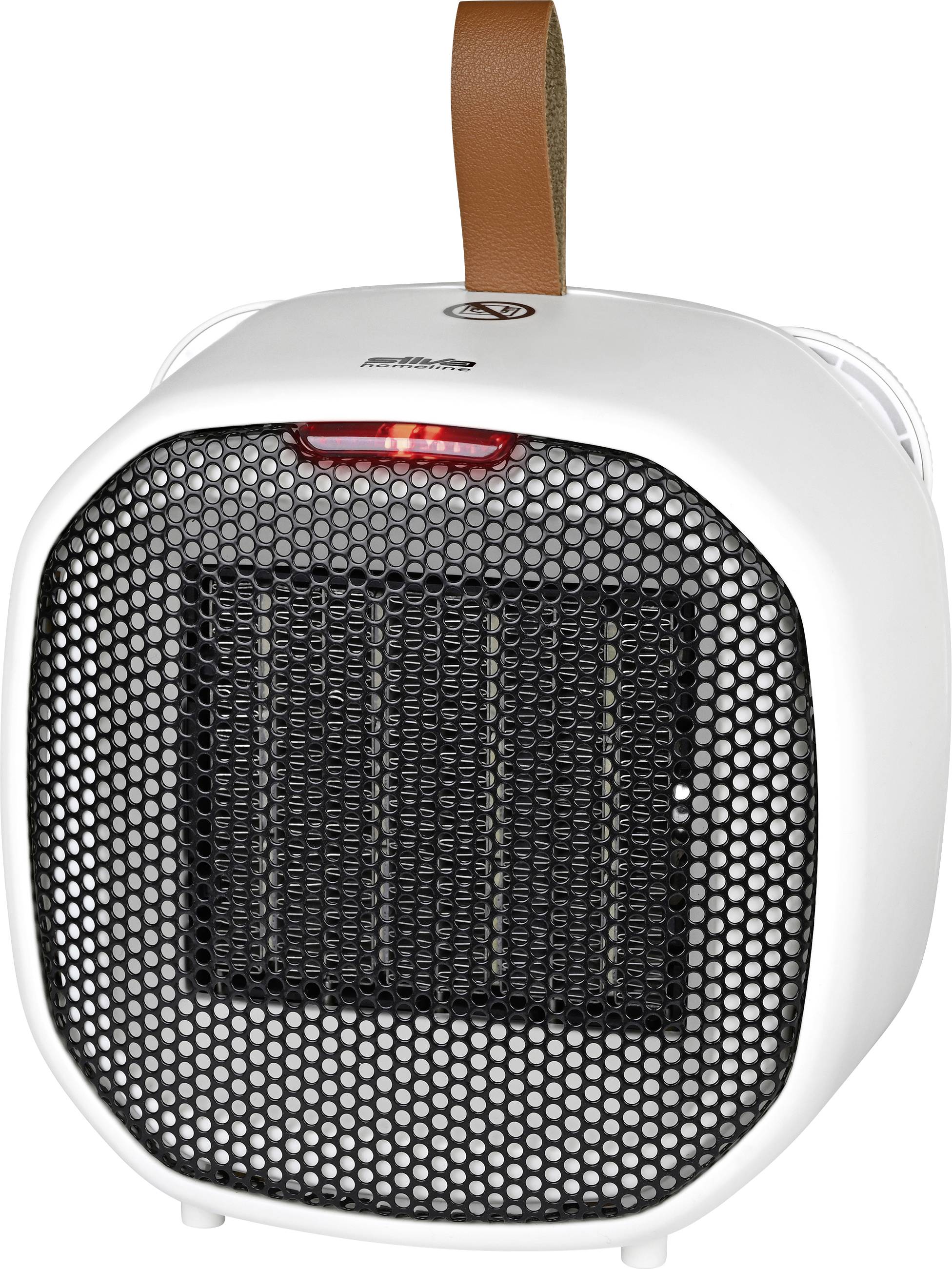 Un petit radiateur électrique portable avec un devant en maille, un boîtier blanc et une poignée en cuir marron sur le dessus.