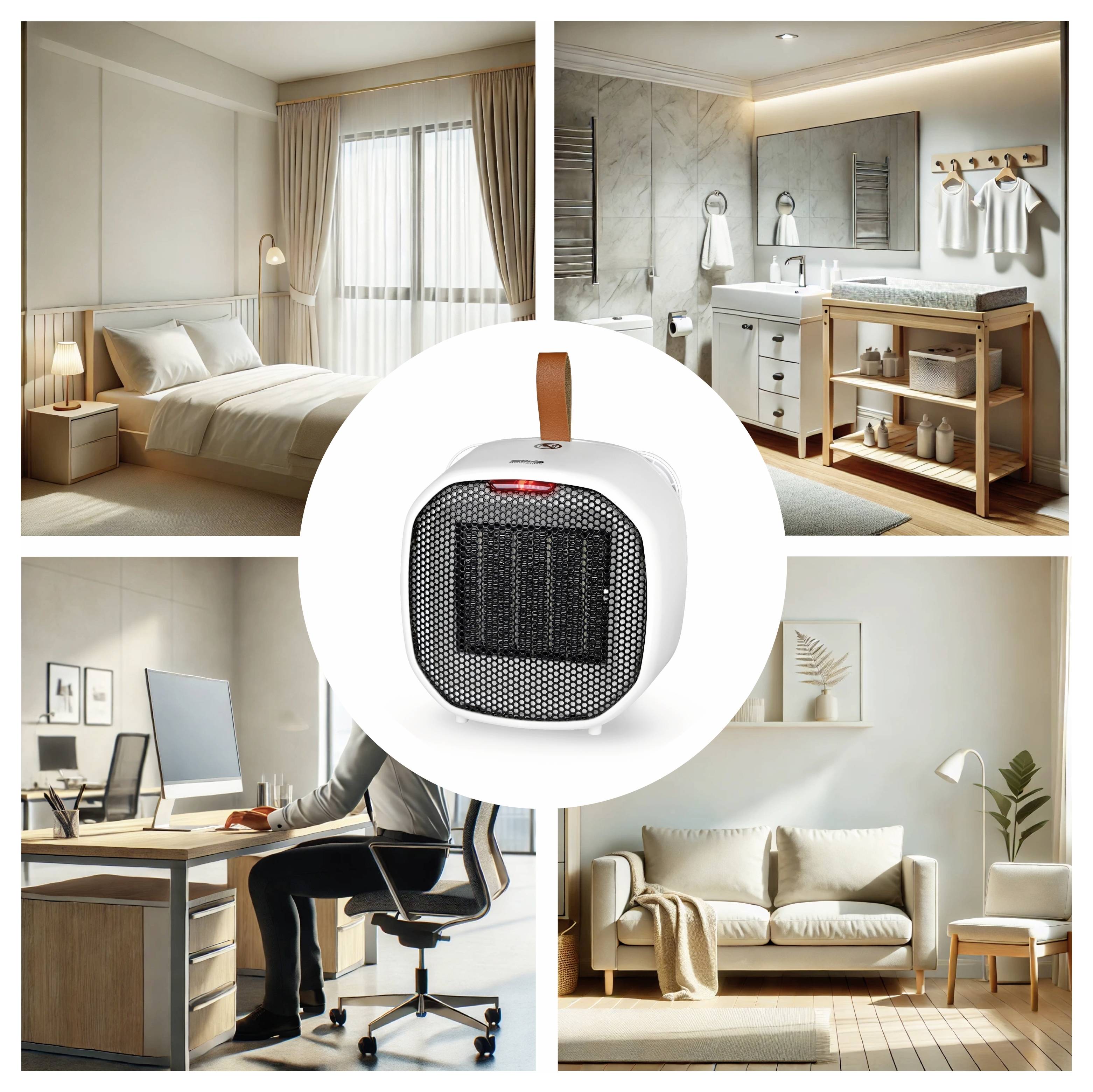 Une scène de maison moderne avec quatre pièces : une chambre, une salle de bain, un bureau et un espace de vie. Un chauffage compact est visuellement centré, suggérant son utilisation.