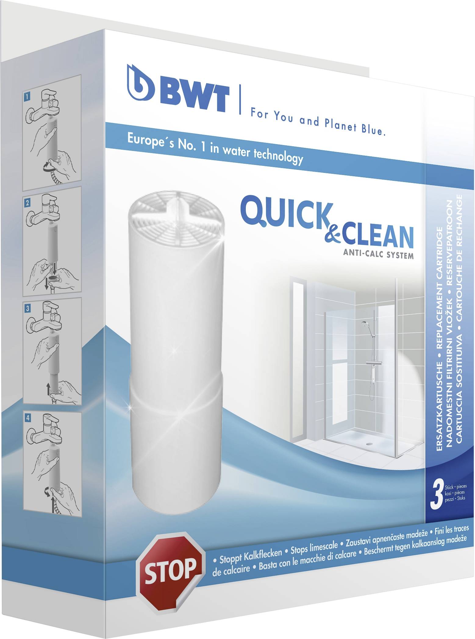 L'emballage du système anti-calcaire Quick & Clean de BWT présente une cartouche filtrante, met l'accent sur la prévention du tartre et souligne son utilisation dans la douche.
