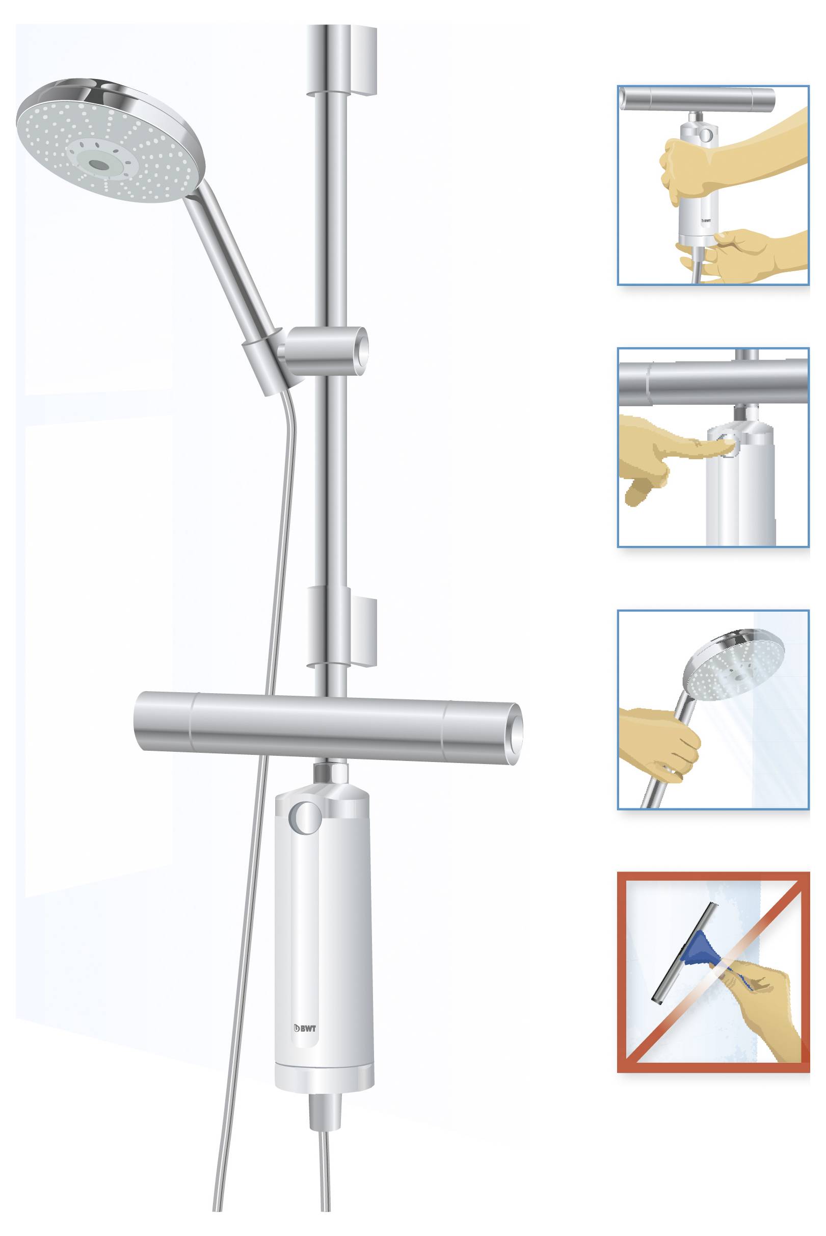 Installation du set de douche : régler la hauteur du rail de douche, fixer avec des vis, nettoyer uniquement à l'eau, éviter d'utiliser des outils abrasifs pour le nettoyage.