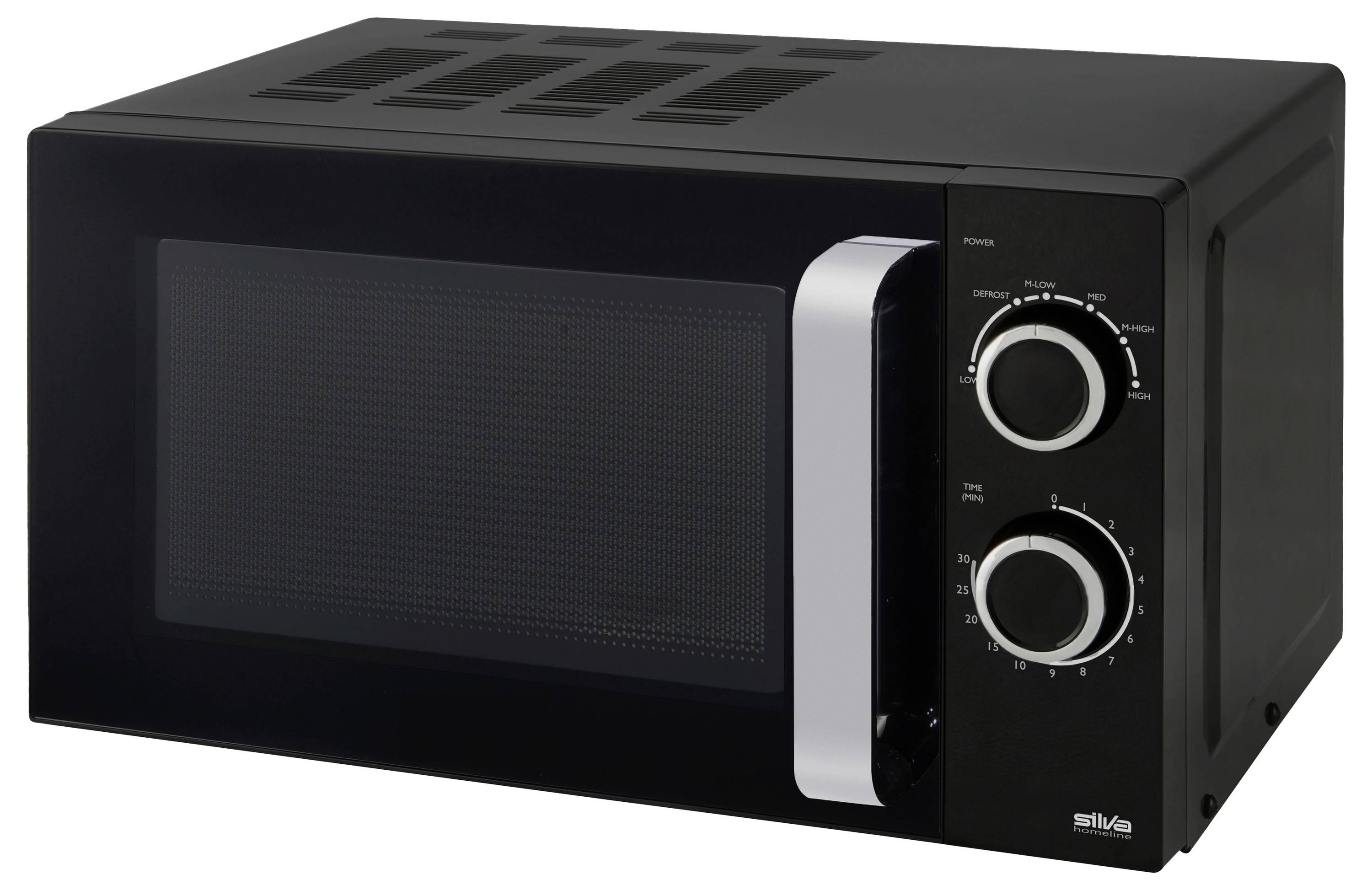 Four micro-ondes noir avec deux boutons de contrôle à droite pour le minuteur et les réglages de puissance, doté d'une fenêtre à mailles sur la porte avant.