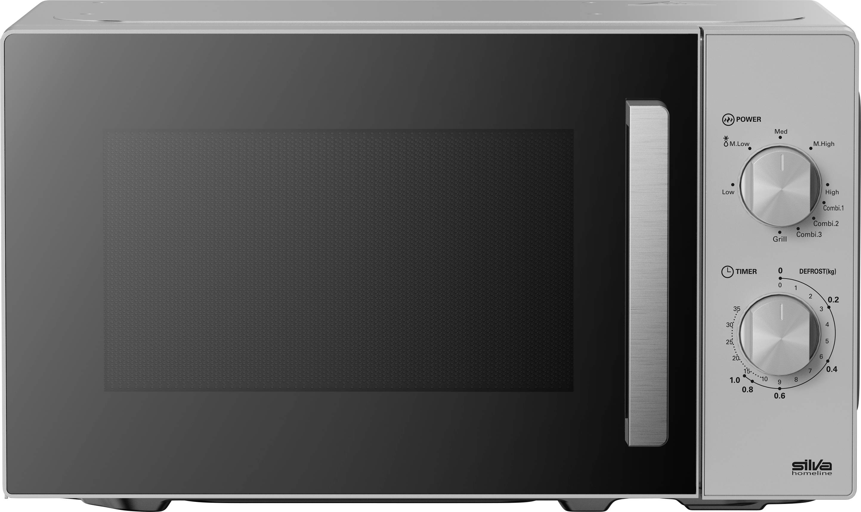 Un micro-ondes argenté avec deux boutons de commande sur le côté droit, étiquetés pour les réglages de puissance et la minuterie.