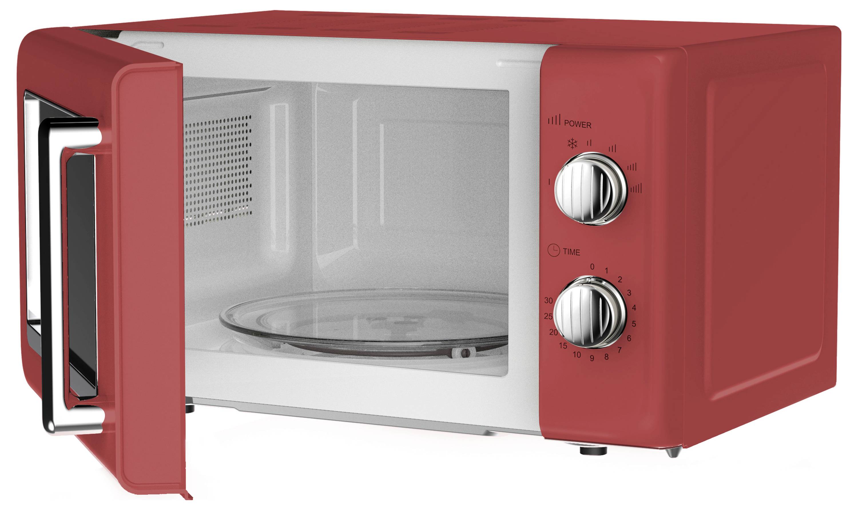 Un four à micro-ondes rouge avec la porte ouverte, montrant l'intérieur et les boutons de commande sur le côté droit.