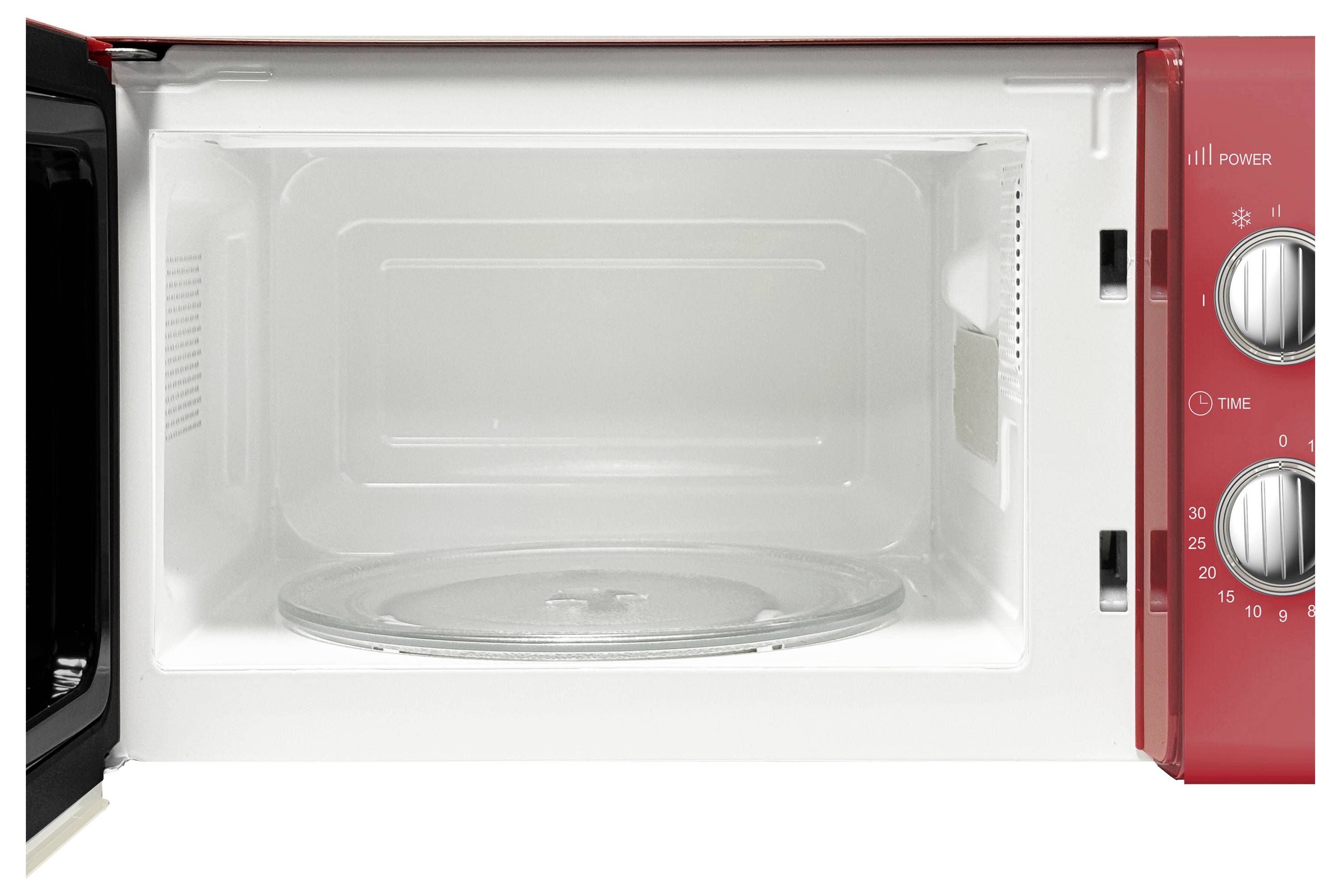 Un four à micro-ondes rouge avec la porte ouverte, montrant un plateau tournant en verre vide à l'intérieur. Deux boutons de commande sont visibles sur la droite.