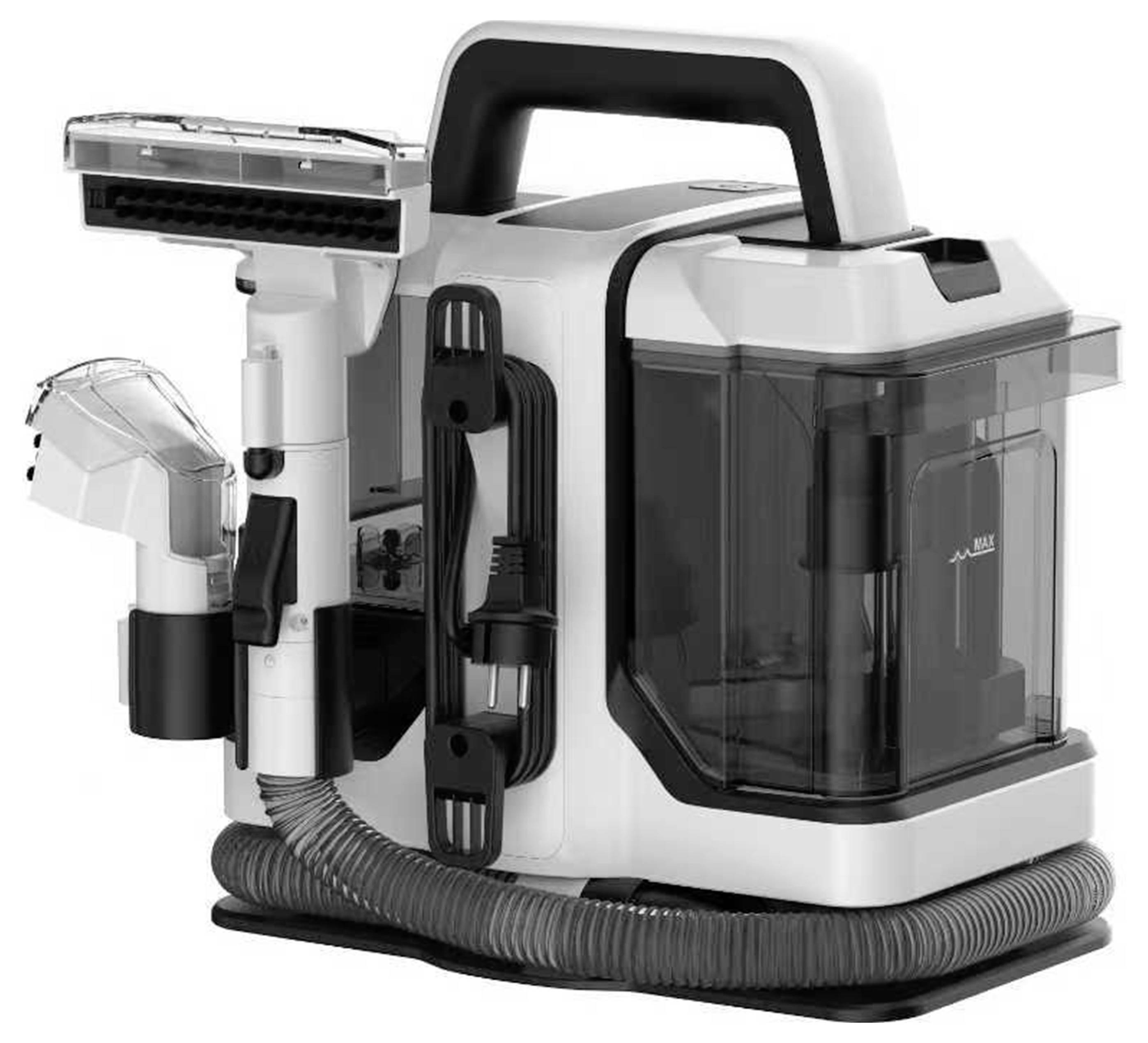 Nettoyeur de tapis portable avec un réservoir, un tuyau et une buse. Doté d'une poignée de transport et d'un design compact pour un transport et un rangement faciles.