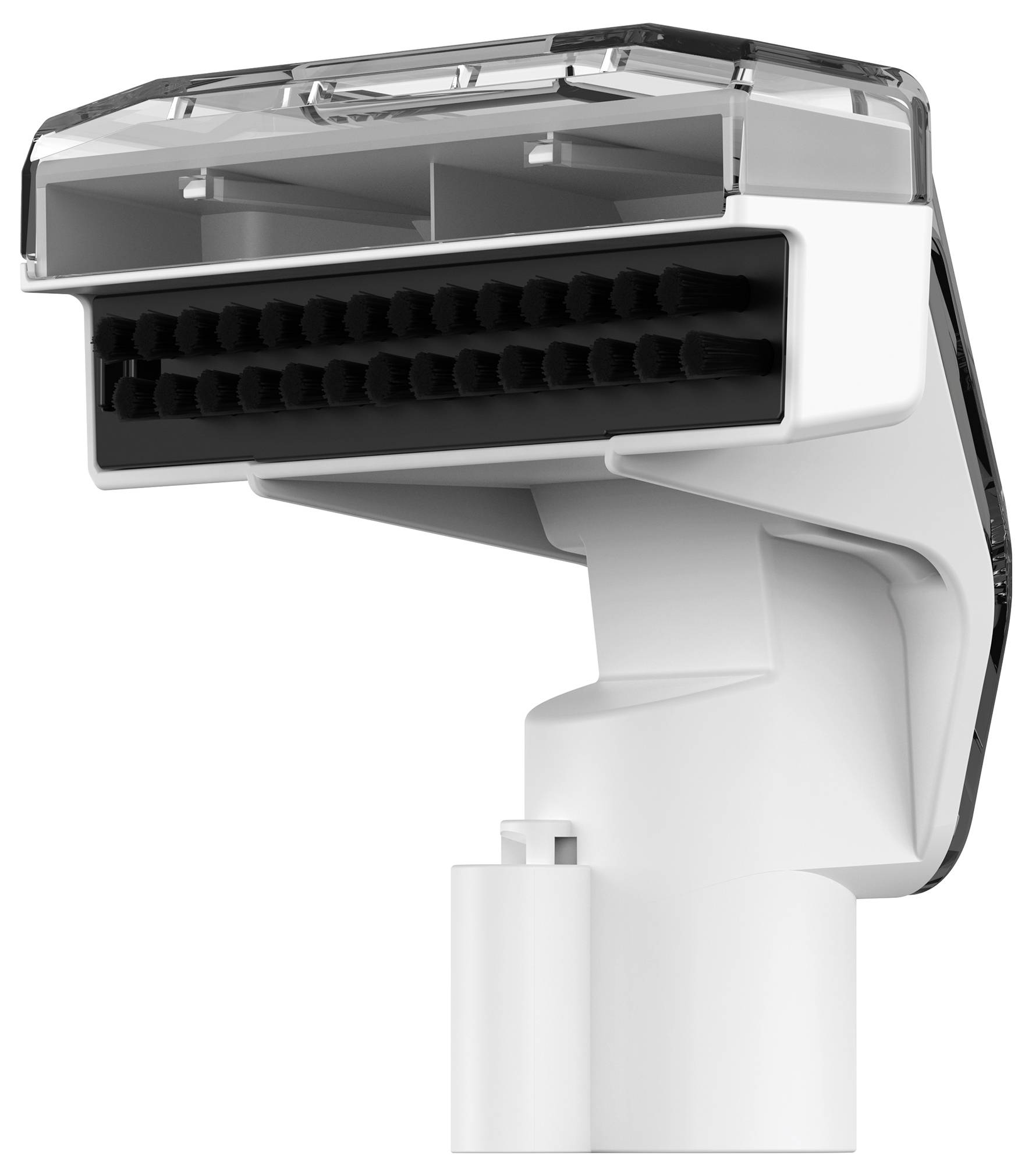 « Un embout d'aspirateur blanc avec une tête de brosse ; conçu pour nettoyer les surfaces et les tissus d'ameublement de manière efficace. »